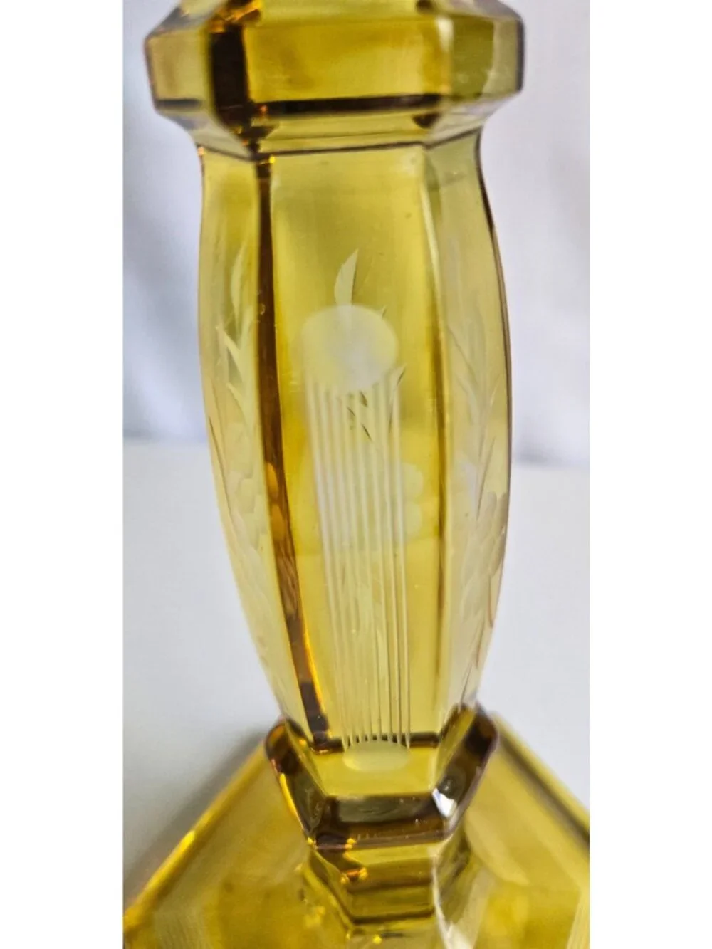 Vtg Vaseline Uranium Glass Etched 2 Patterns 9 Inches High Candle Stick Holder